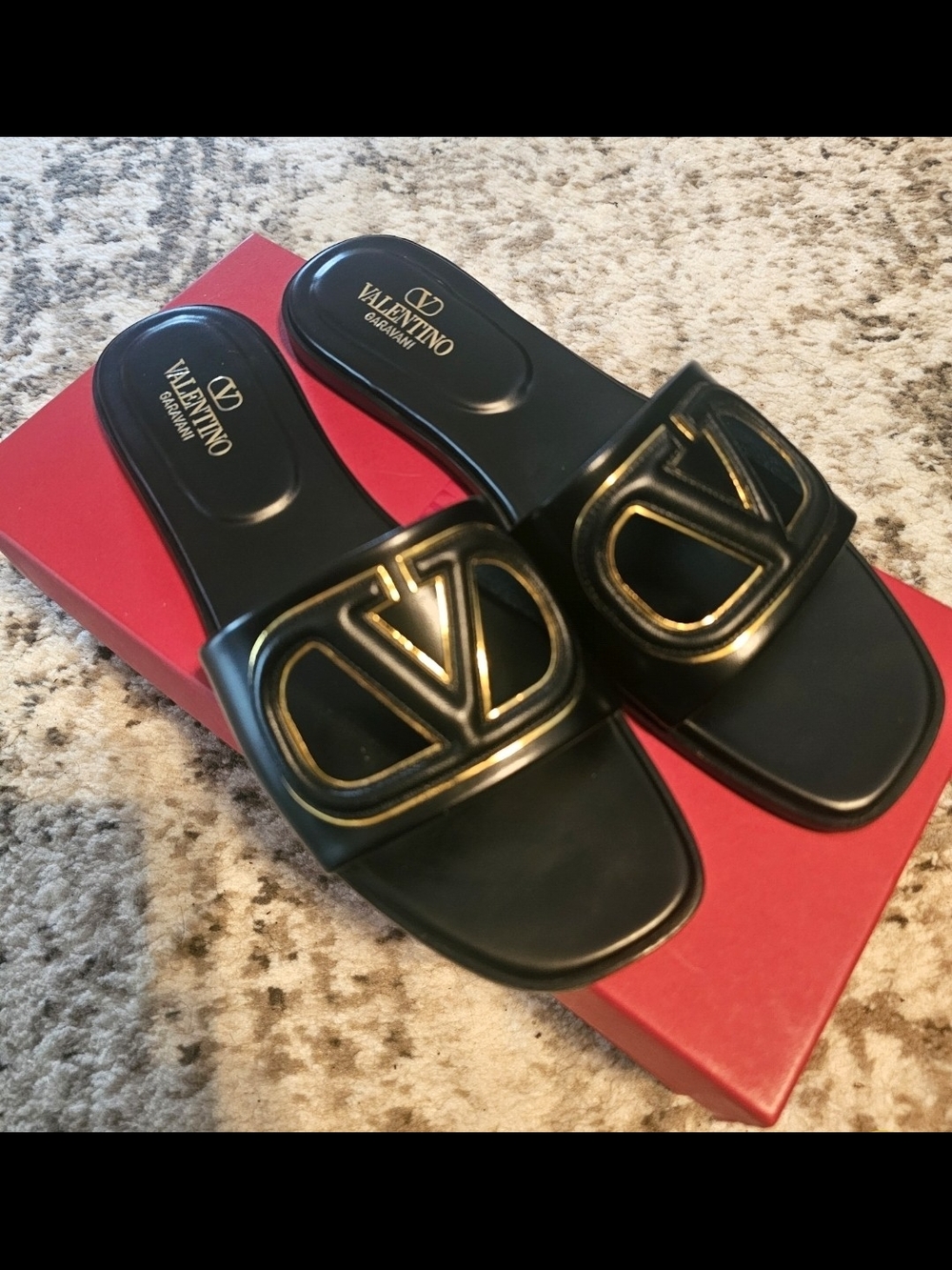 Valentino Garavani Black Slide Sandals with Gold Logo